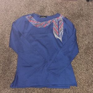 Vintage Bob Mackie Wearable Art Blue Long Sleeve Top with Patterned Detail Small